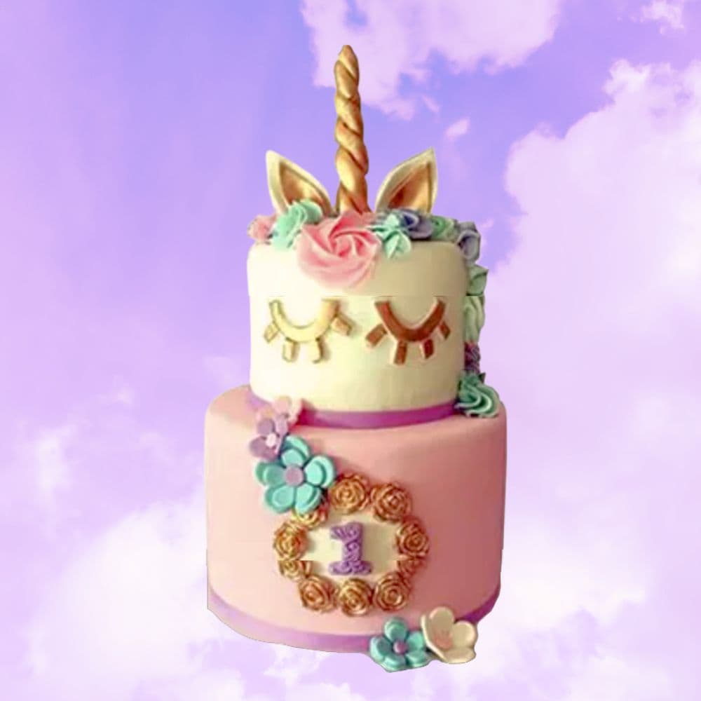 Floral Unicorn Fondant Cake 2 Tier - Floral Unicorn Fondant Cake - Image 1