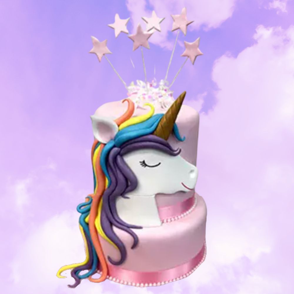 Starry Sweet Unicorn Fondant Cake 2 Tier - Starry Sweet Unicorn Fondant Cake - Image 1