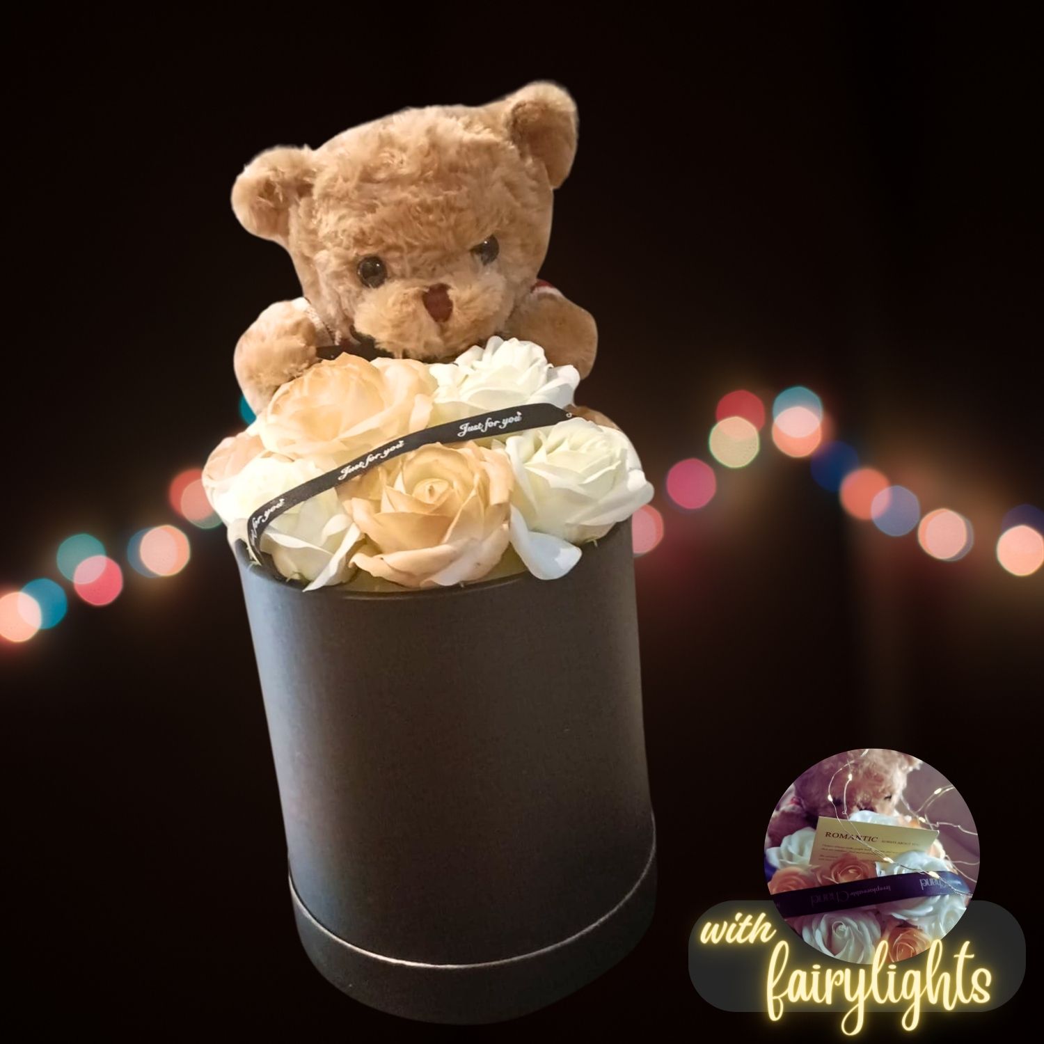 #FB17 Teddy Bear Camellia Preserved Soap Rose Bucket Bouquet Fluffy teddy bear designer cake with roses and fairy lights, luxurious celebration cake, Le Petit Empire.
