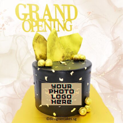 Luxurious black and gold celebration cake with edible gold accents, perfect for grand openings.