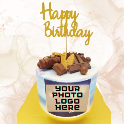 Deluxe designer birthday cake with assorted chocolates and custom logo space for celebration.