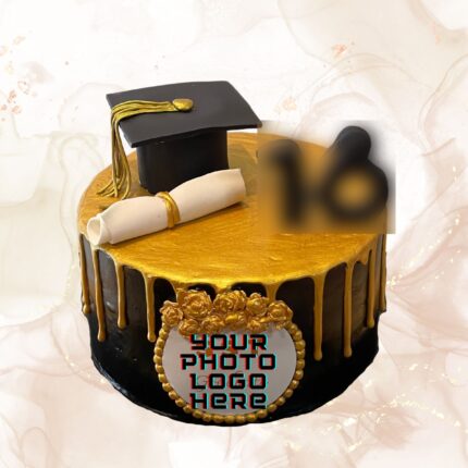 Graduation cap and diploma on elegant gold and black celebration cake for academic achievement.