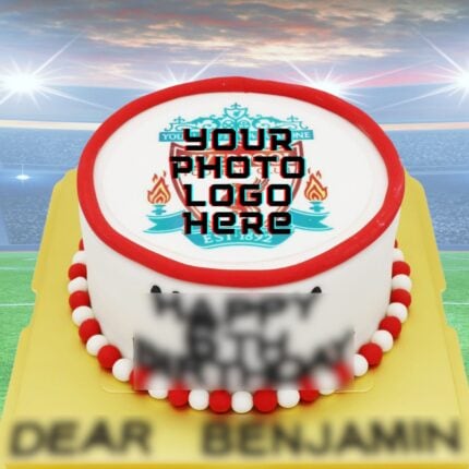 Custom soccer-themed cake with logo personalization and vibrant red, white, and blue details. Perfect for sports celebrations.